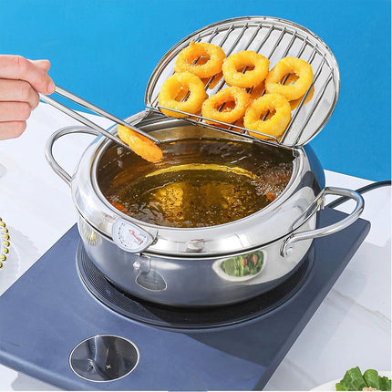 24CM Kitchen Stainless Steel Deep Fryer Frying Pot With Oil Drainer Thermometer & Lid