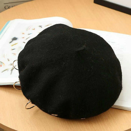 Balck Unisex Beanie Lady Wool French Beret Hat Cap Winter Warm Iron Ring Design Rock
