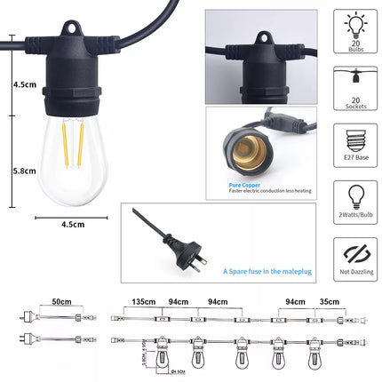 20M Connectable LED Festoon String Lights Xmas Wedding Party Patio Dimmable
