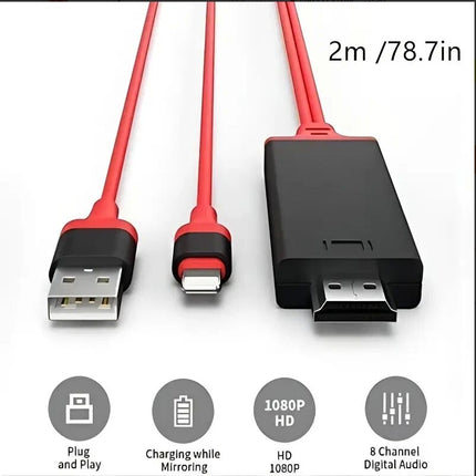 Red 2m MFi Certified 8-Pin to HDMI Cable Digital TV AV Adapter For iPhone 14 13 iPad