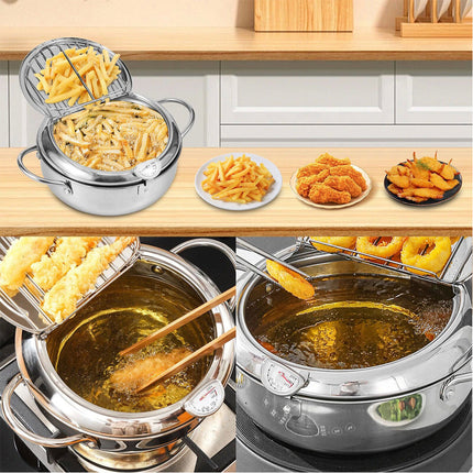 24CM Kitchen Stainless Steel Deep Fryer Frying Pot With Oil Drainer Thermometer & Lid