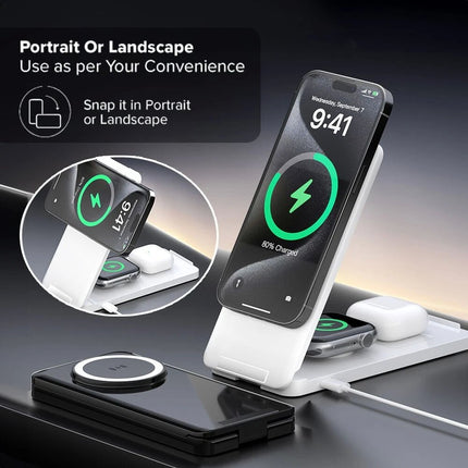 White Foldable Wireless Charger Dock Charging Station For Apple Watch iPhone 16 15