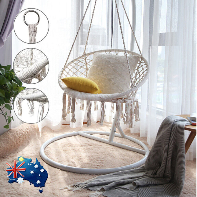 White Hammock Chair Macrame Cotton Swing Bed Relax Indoor Outdoor Hanging Garden