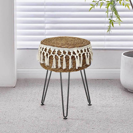 Dark Brown Footstool Natural Seagrass Hand Weave Vanity Makeup Stool Pastoral Style Au