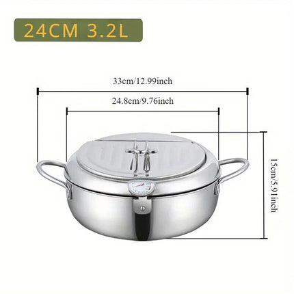 24CM Kitchen Stainless Steel Deep Fryer Frying Pot With Oil Drainer Thermometer & Lid