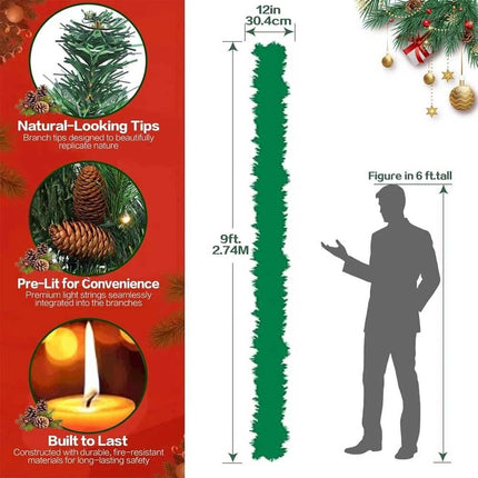 9ft Pre-Lit Artificial Christmas Garlands Xmas Garland Decorated Pine Cones