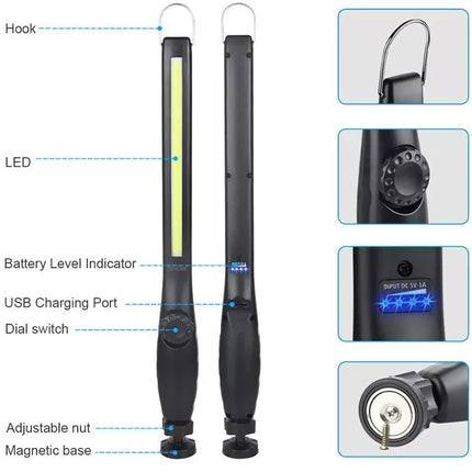 2pcs USB Rechargeable LED COB Work Inspection Light Magnetic Repair Lamp w Hook