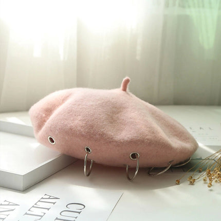 Pink Unisex Beanie Lady Wool French Beret Hat Cap Winter Warm Iron Ring Design Rock