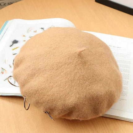 Khaki Unisex Beanie Lady Wool French Beret Hat Cap Winter Warm Iron Ring Design Rock