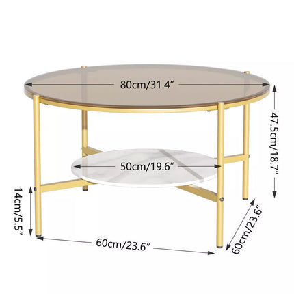 2Tier Vintage Round Glass Coffee Table with Stone Storage Shelf Sturdy Iron Legs Gold