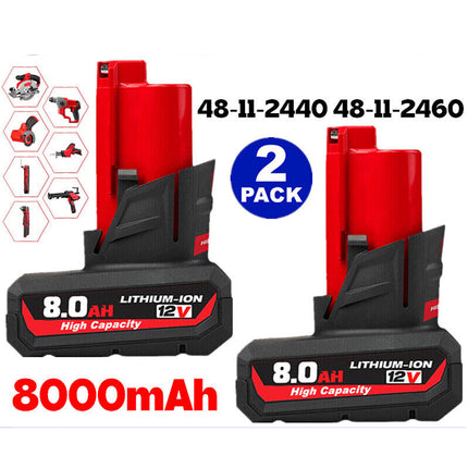 2x For Milwaukee 12V for M12 Battery 8.0Ah 48-11-2402 48-11-2412 48-11-2440 M12B