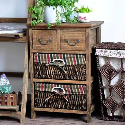 Country-style Cabinet Bed Side Table Vintage Cottage 3 Layers With 2 Baskets