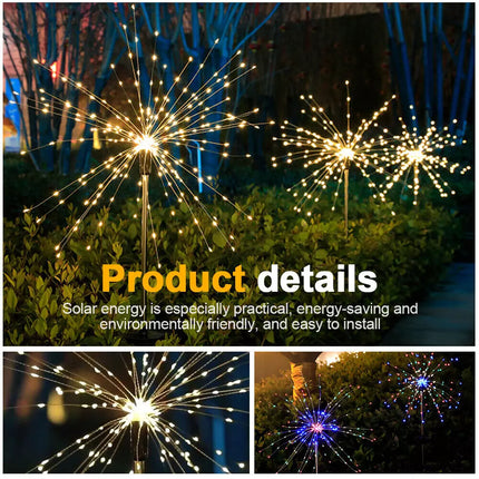 2X Solar Fireworks 150 LED String Lights Fairy Starburst Xmas Garden Night Lamp Warm White