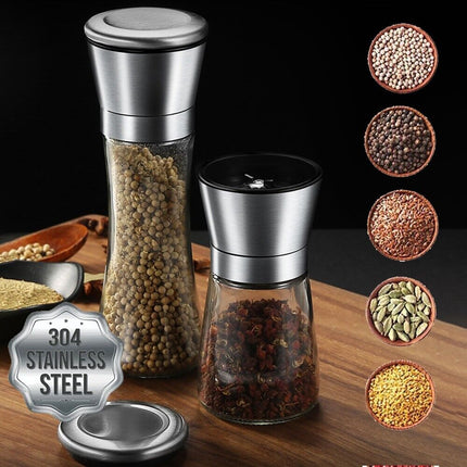 Small 2x Stainless Steel Salt and Pepper Grinder Manual Ceramic Mills Glass Kitchen