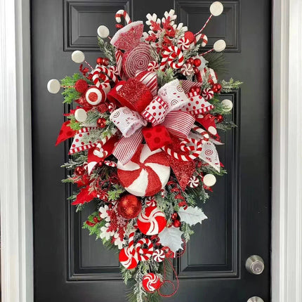 Christmas Candy Cane Bow Door Wreath Xmas Home Hanging Garland Flower Wreath