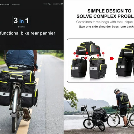Bike Bicycle Rear Rack Pannier Bag Waterproof 75L Box Rhinowalk 3 in 1 detach