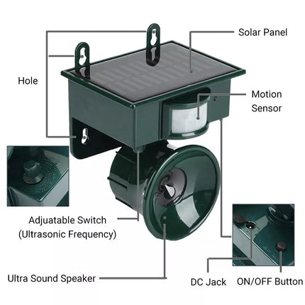 Solar Ultrasonic Bird Repeller Animal Pets Rat Repellent Motion Sensor Outdoor
