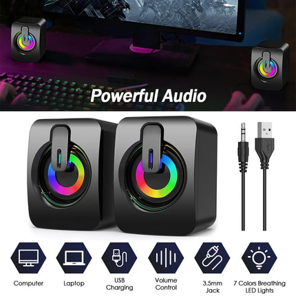 USB Wired Computer Speakers for Desktop PC Laptop Stereo LED RGB Light Soundbar