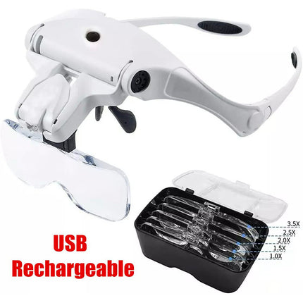 5 Lens Magnifying Glasses LED Headband Headset Head Magnifier Lam Rechargeable