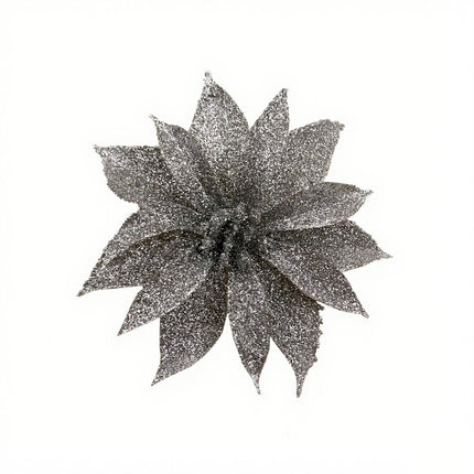 12x Silver Christmas Glitter Artificial Flower Clips Xmas Tree Hanging Ornaments