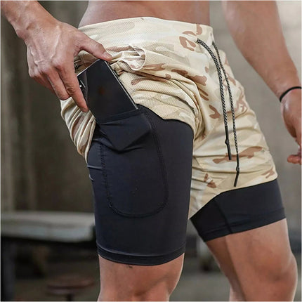Men Running Shorts 2 in 1 Sports Jogging GYM Fitness Training Quick Dry Breathab Khaki
