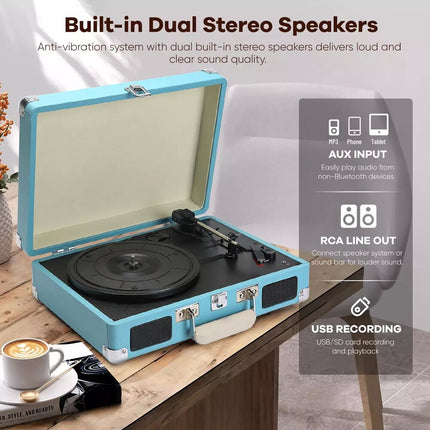 Retro Briefcase Vinyl Record Player Suitcase 3 Speed Turntable Stereo Best Gift