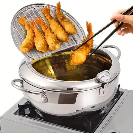 24CM Kitchen Stainless Steel Deep Fryer Frying Pot With Oil Drainer Thermometer & Lid