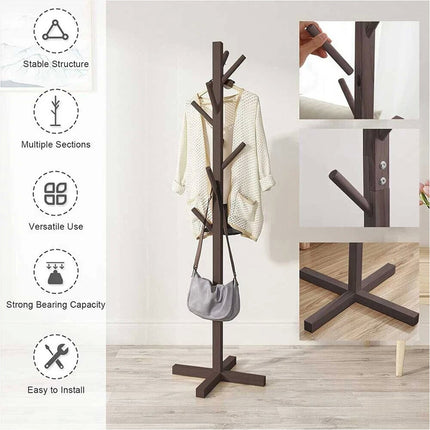 Solid Wooden Coat Rack Stand Tree Clothes Hanger Free Standing Hallway Hat Bag