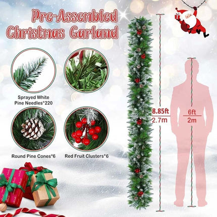 270cm Christmas Garland Artificial Xmas Wreath Tree Decor with Pine and Berries