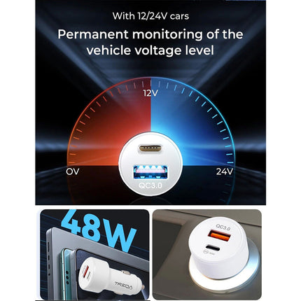 White USB-C Fast Car Charger with Charging Cable Adapter iPhone Samsung