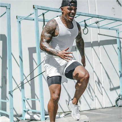Men Running Shorts 2 in 1 Sports Jogging GYM Fitness Training Quick Dry Breathab White