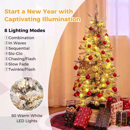 1.2M Pre-lit Potted Christmas Tree Snowy Xmas Decoration w/ 8 Lighting Modes PE