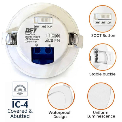 IC-4 Rated LED Downlight 9W 3CCT Adjustable Ceiling Light 9cm Cut out