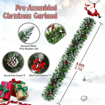 270cm Christmas Garland Artificial Xmas Wreath Tree Decor with Pine and Berries