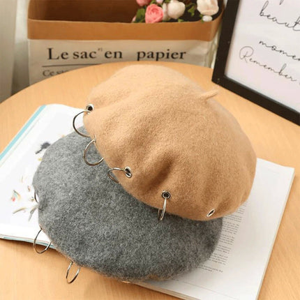 Grey Unisex Beanie Lady Wool French Beret Hat Cap Winter Warm Iron Ring Design Rock