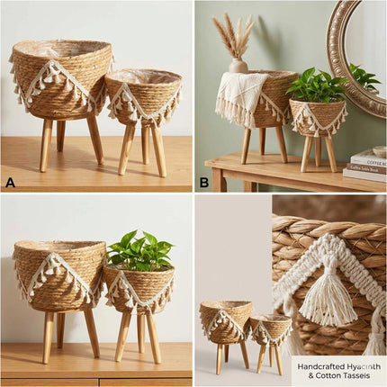 3Pcs Natural Seagrass Planter Pots with Legs Macrame Trim Boho Home Garden Decor