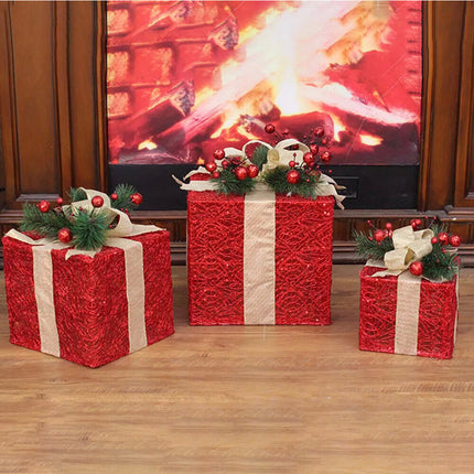 Red 3-Pack Lighted Gift Boxes Pre-Lit Xmas Present Boxes  Xmas Decor