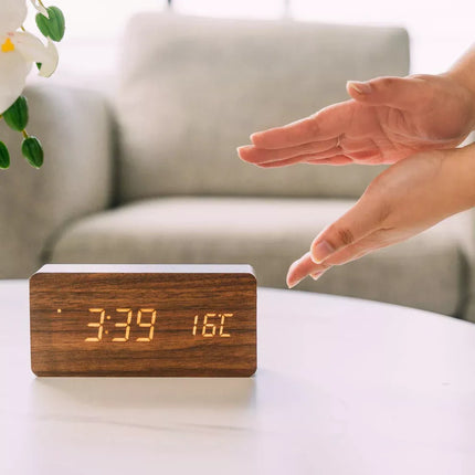 Wooden LED Digital Alarm Clock Temperature Bedside Table Time Display Room Decor