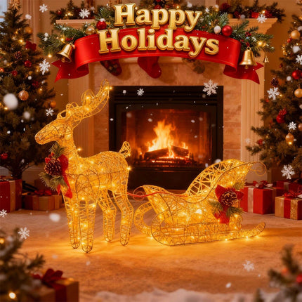 Solar-Powered Set of 2 Christmas Decoration Reindeer and Sleigh LED Yard Xmas