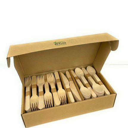 Wooden Cutlery Set Disposable Bamboo Wood Bulk Buy Forks Spoons Knives 360PC