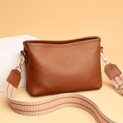 Soft Leather Women Crossbody Bag Wide Shoulder Straps For Casual Zipper Brown