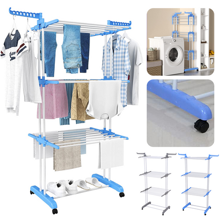 Movable Foldable Clothes Airers Drying Rack Slidable Wheels Space Save