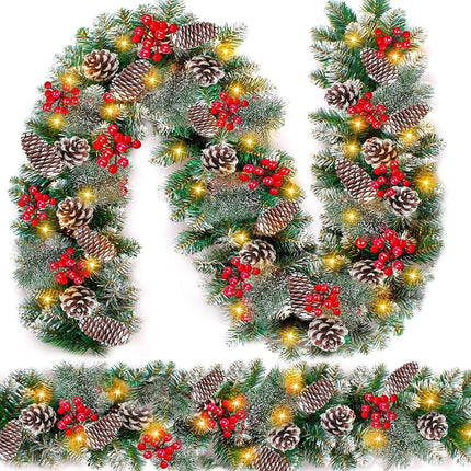 9FT Christmas Garland + LED Lights Pinecones Berry Bushy Wreath Stairs Fireplace