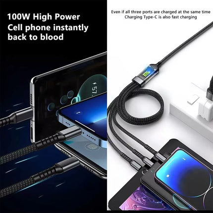 3 IN 1 Charging Cable Fast Charger USB Type C iPhone Samsung 100w Durable Braid