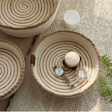 Set of 3 Cotton Rope Knit Small Baskets Woven Storage Organizer Bins Nesting Beige