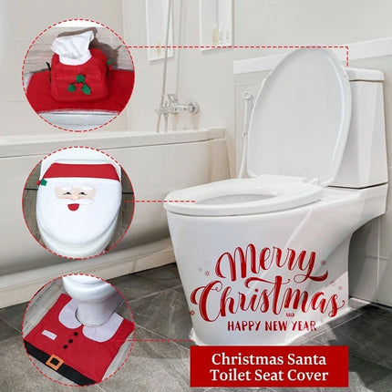 4PCS Christmas Decorations Happy Santa Toilet Seat Cover And Rug Bathroom