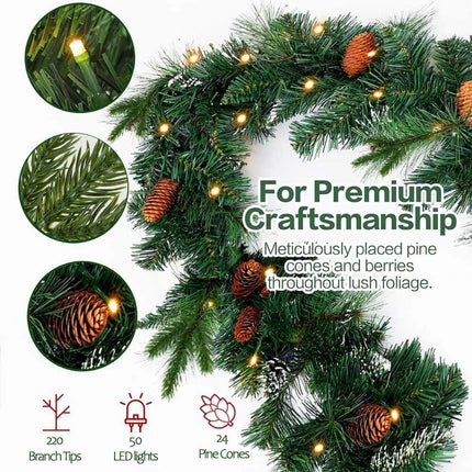 9ft Pre-Lit Artificial Christmas Garlands Xmas Garland Decorated Pine Cones