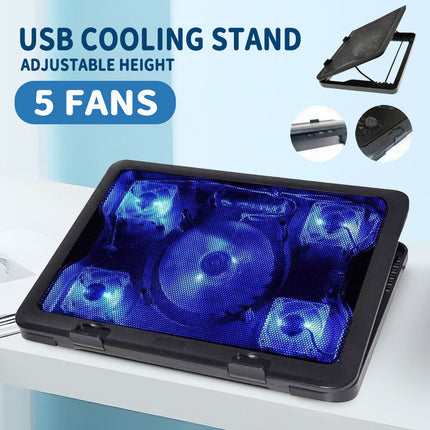 Premium Adjustable Laptop Cooling Pad with 5 Fans LED Light Fits 7''-17'' USB Powered