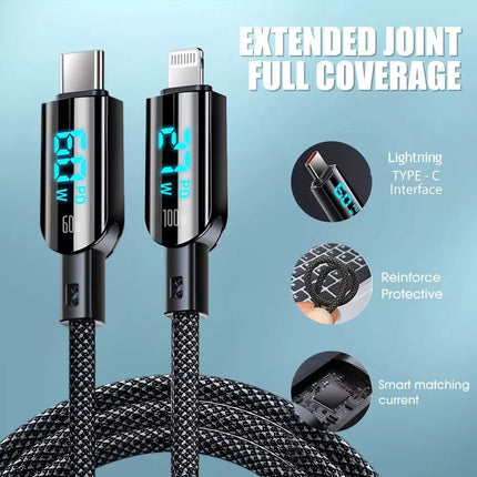 Type C to Type C to Ligtning Fast Charge Cable LED Display USB C to C Charging Date Transfer iPhone
