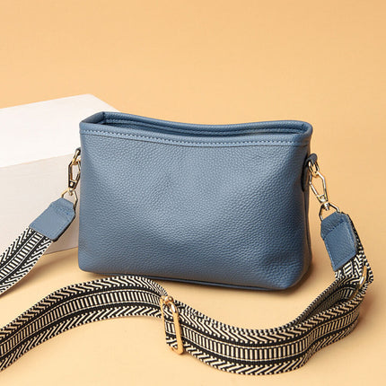 Soft Leather Women Crossbody Bag Wide Shoulder Straps For Casual Zipper Lake Blue